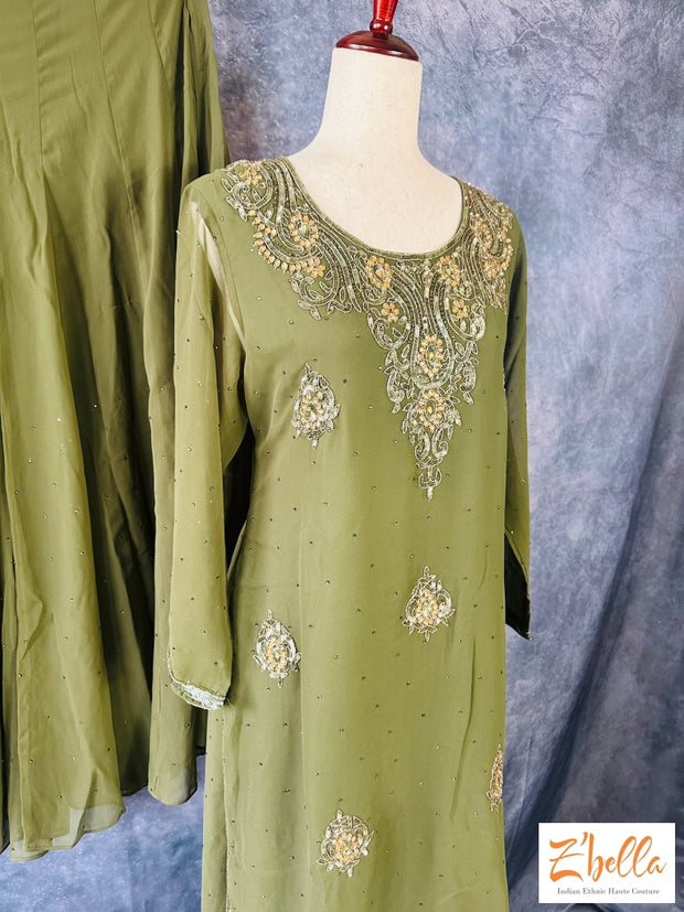 Dark Olive Green Short Top With Hand Embroidery Comes Flared Palazo And Dupatta Kurti