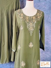 Dark Olive Green Short Top With Hand Embroidery Comes Flared Palazo And Dupatta Kurti