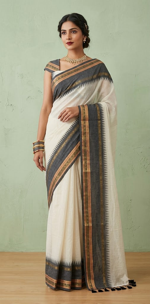 Black temple border 120 count mulcotton saree
