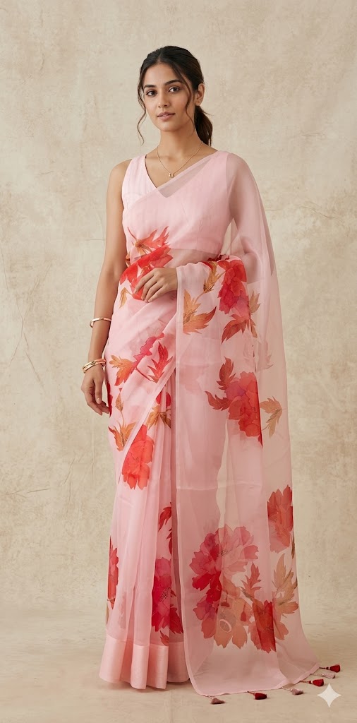 Organza pure silk saree with digital print and stitched blouse