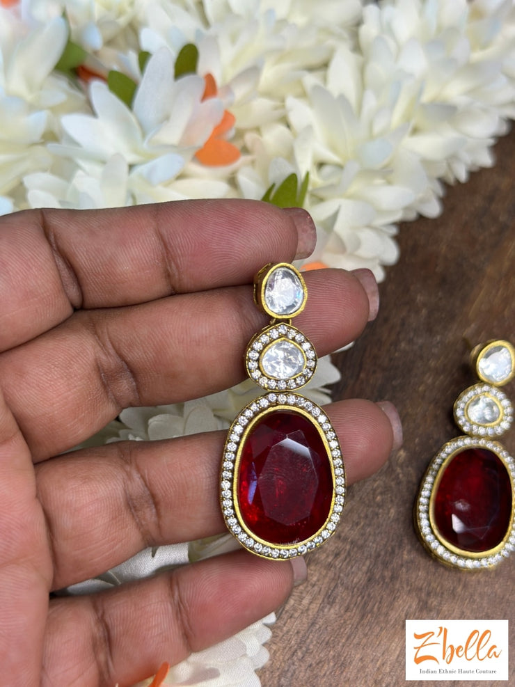 Designer Earring With Kundan And Red Stone Earrings Gold Tone