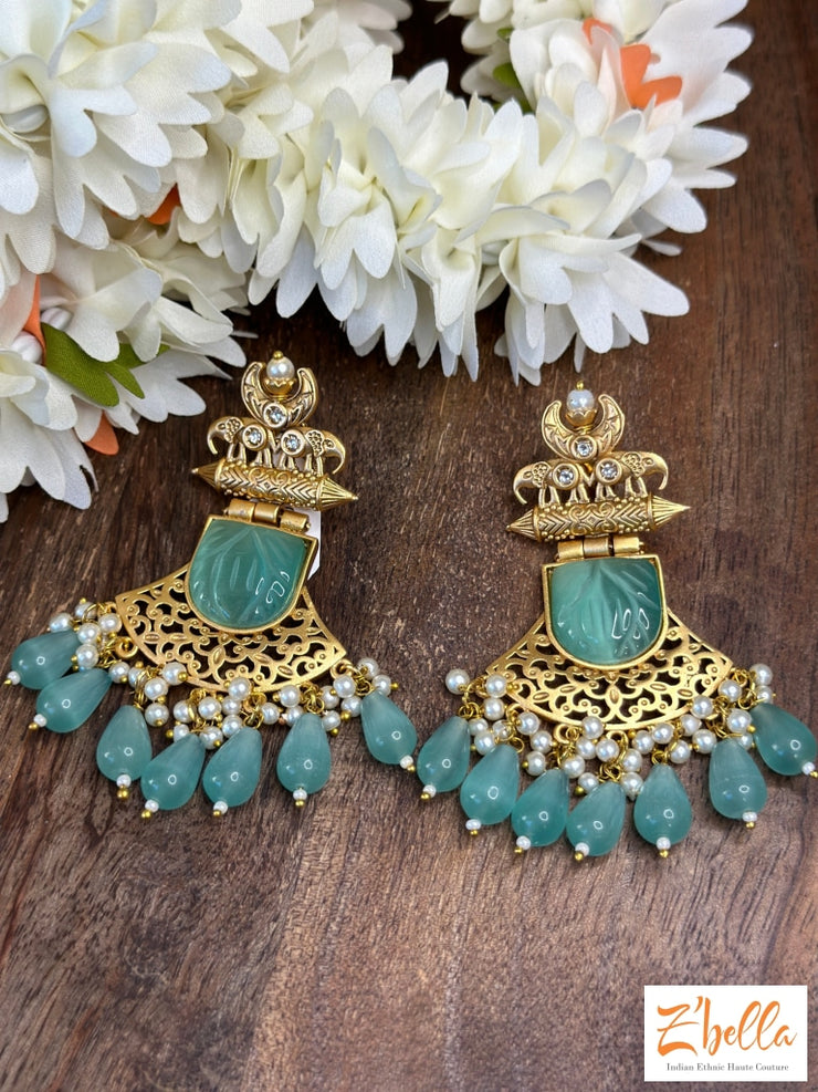 Designer Earring With Mint Stone Earrings Gold Tone