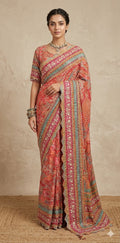 Pink Printed Crepe Designer Saree with Embroidered Readymade Blouse