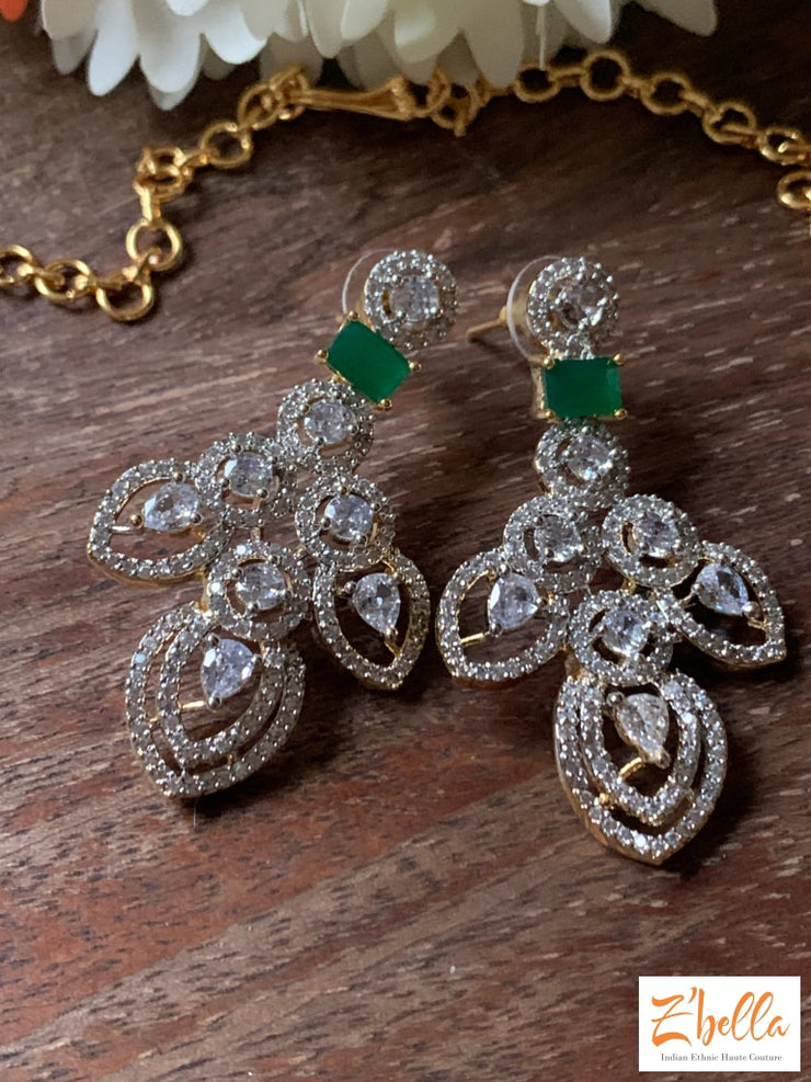 Diamond Finish Necklace With Green Stones Earring Necklace