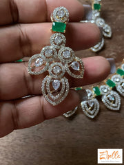 Diamond Finish Necklace With Green Stones Earring Necklace
