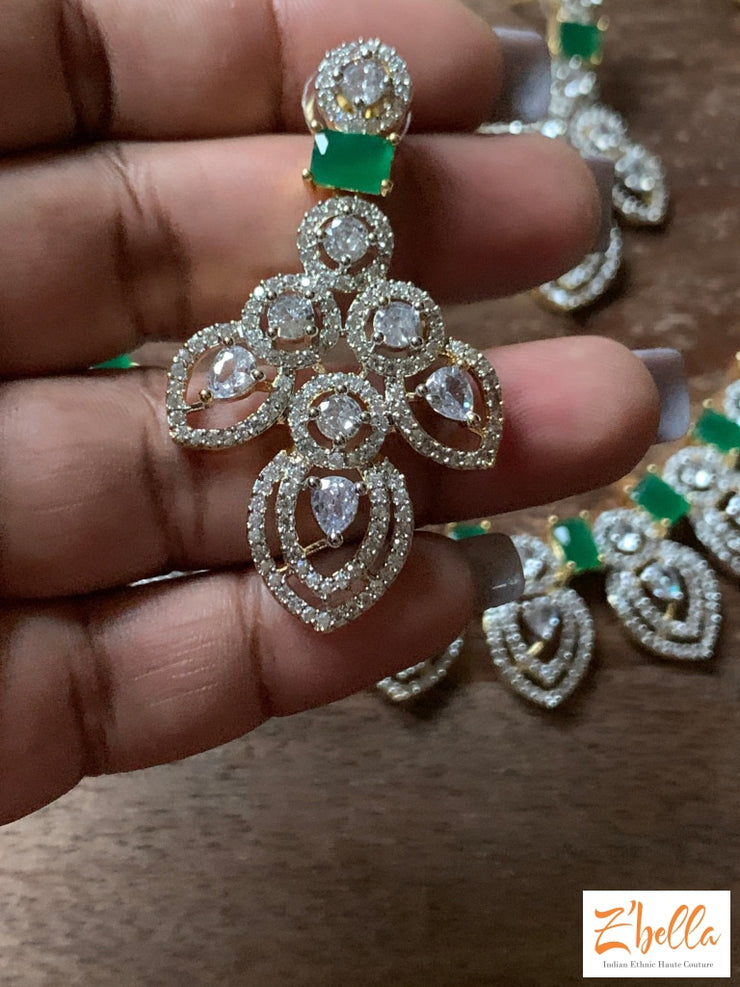 Diamond Finish Necklace With Green Stones Earring Necklace