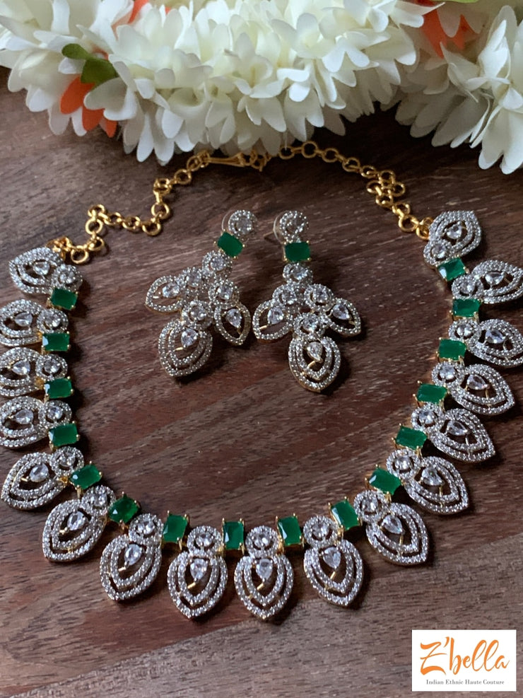 Diamond Finish Necklace With Green Stones Earring Necklace