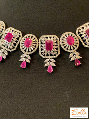 Diamond Finish Necklace With Pink Stones Earring Necklace