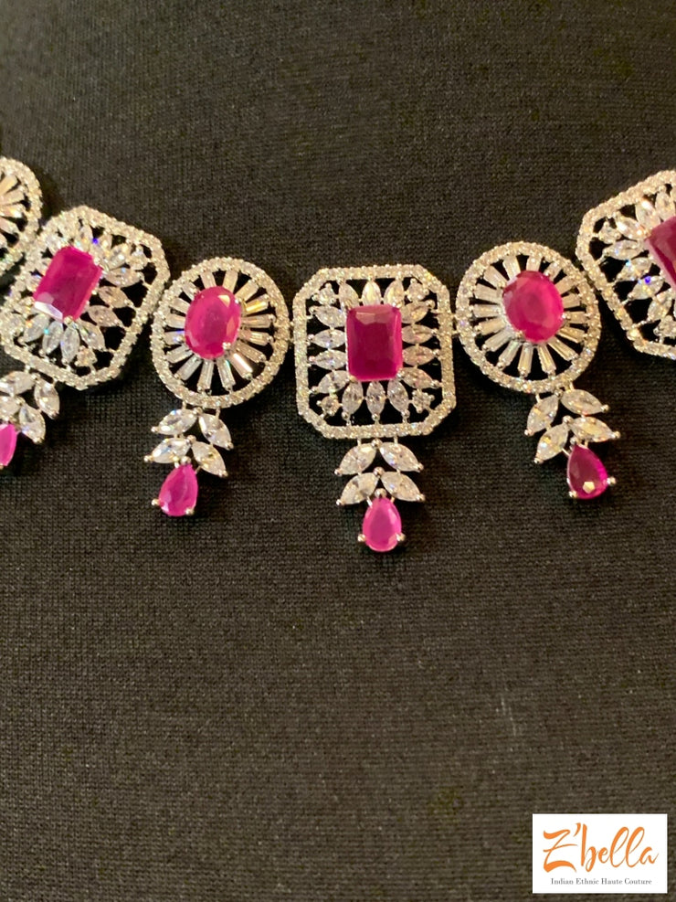 Diamond Finish Necklace With Pink Stones Earring Necklace