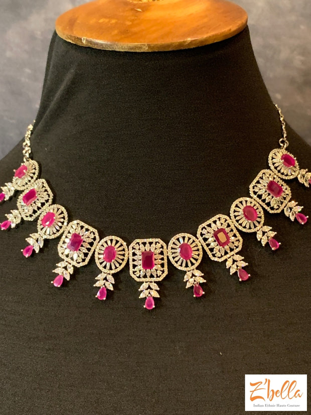 Diamond Finish Necklace With Pink Stones Earring Necklace