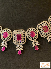 Diamond Finish Necklace With Pink Stones Earring Necklace