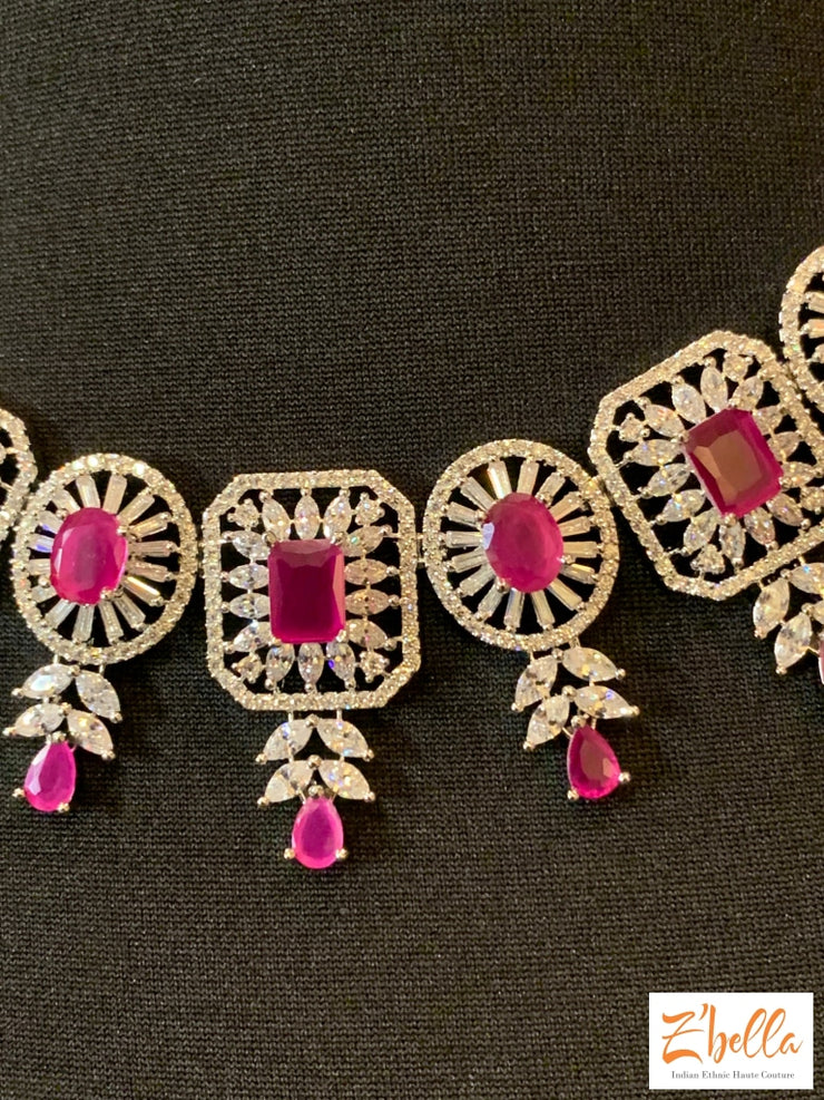 Diamond Finish Necklace With Pink Stones Earring Necklace