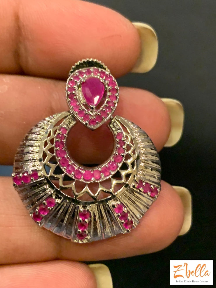 Diamond Finish Necklace With Pink Stones Earring Necklace