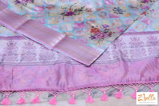 Digital Printed Semi Organza Saree With Pink Border Bp Saree