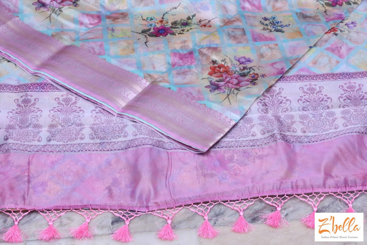 Digital Printed Semi Organza Saree With Pink Border Bp Saree