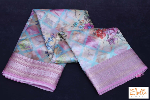Digital Printed Semi Organza Saree With Pink Border Bp Saree