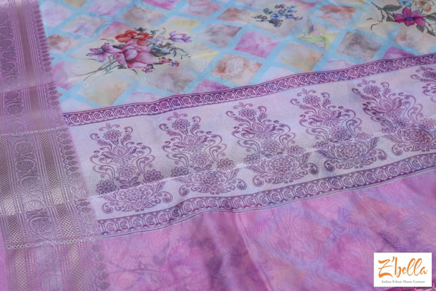 Digital Printed Semi Organza Saree With Pink Border Bp Saree