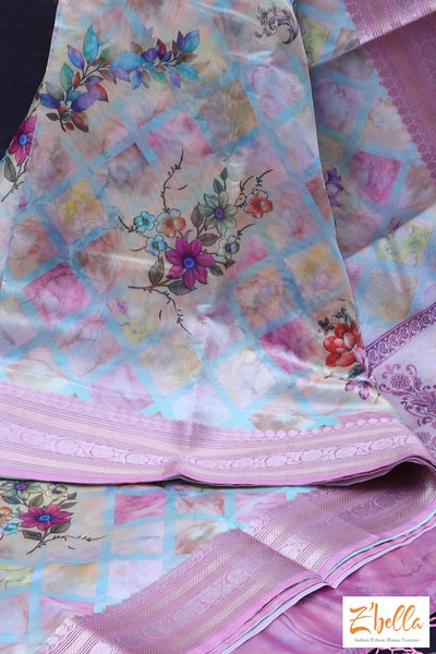 Digital Printed Semi Organza Saree With Pink Border Bp Saree