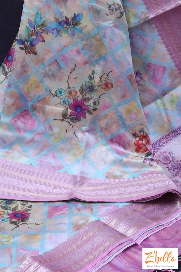 Digital Printed Semi Organza Saree With Pink Border Bp Saree