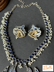 Dual Tone Blue Stone Necklace With Earring Necklace