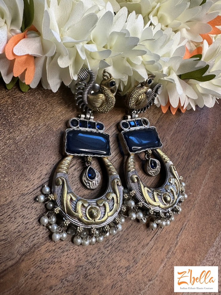 Dual Tone Earring With Blue Stone Earrings Silver Tone