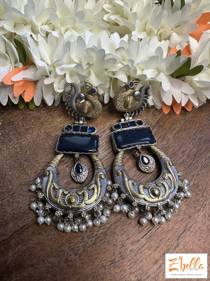Dual Tone Earring With Blue Stone Earrings Silver Tone
