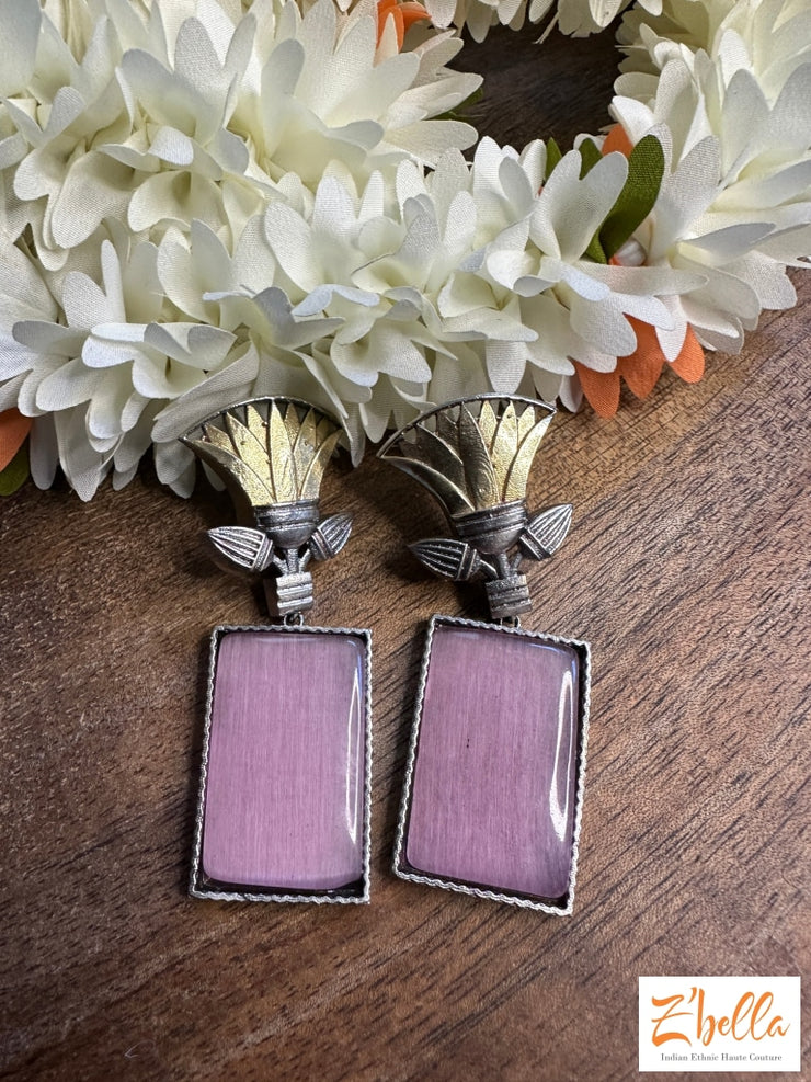 Dual Tone Earring With Pink Stone Earrings Silver Tone