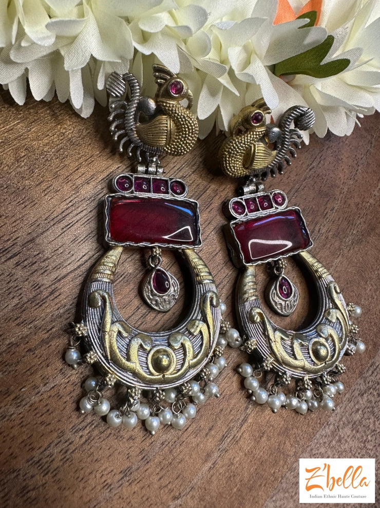 Dual Tone Earring With Red Stone Earrings Silver Tone
