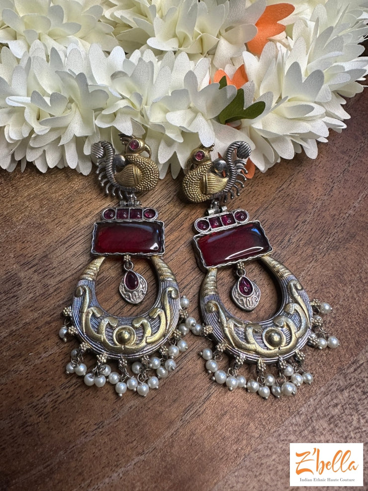Dual Tone Earring With Red Stone Earrings Silver Tone