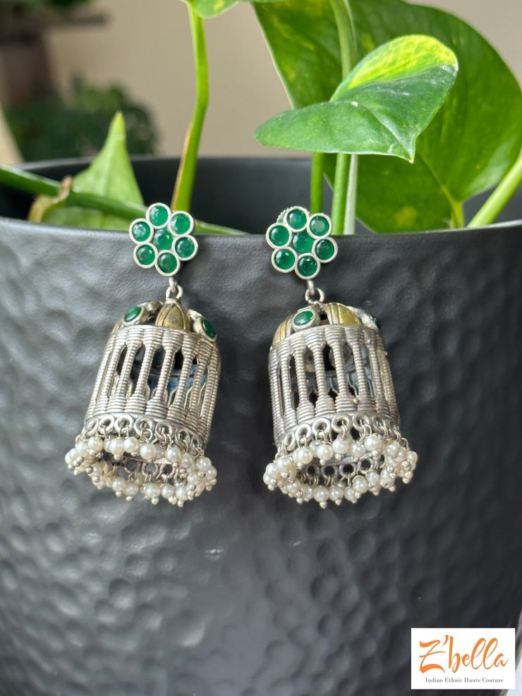 Dual Tone Jhumka With Green Stone Earrings Silver Tone