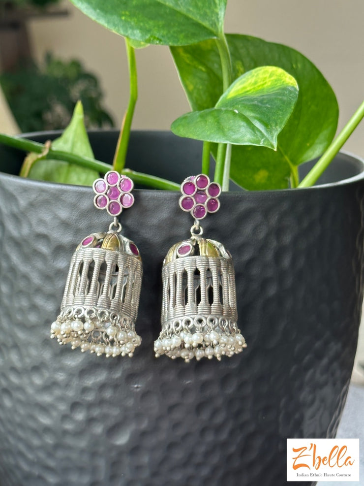 Dual Tone Jhumka With Red Stone Earrings Silver Tone