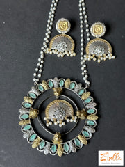 Dual Tone Mint Green Stone Big Pendent With Double Layer Pearl Chains And Earring Necklace