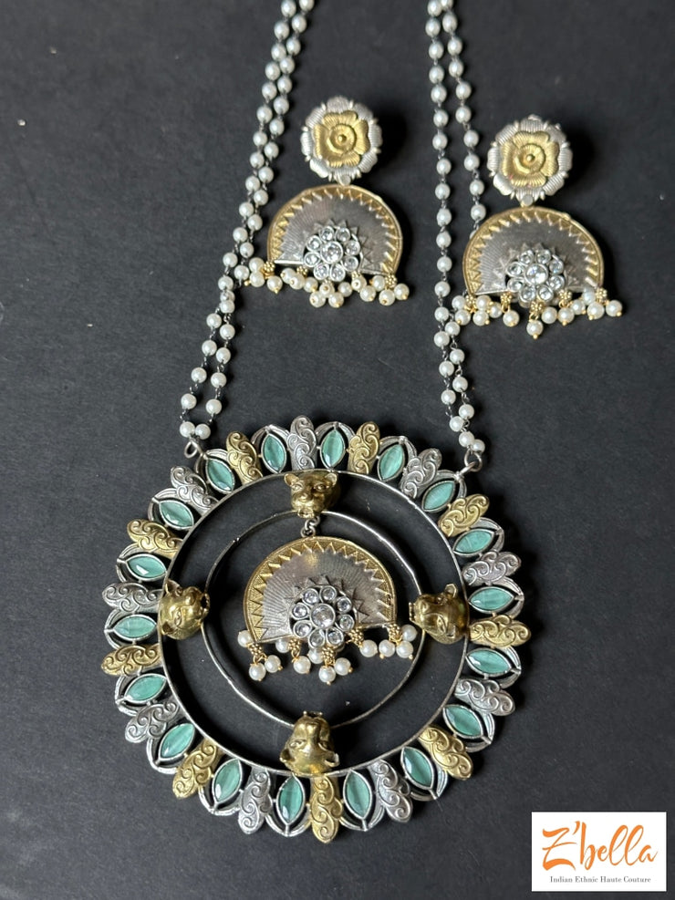 Dual Tone Mint Green Stone Big Pendent With Double Layer Pearl Chains And Earring Necklace