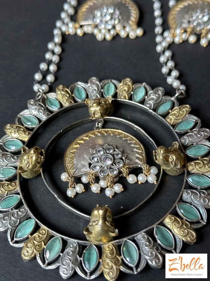 Dual Tone Mint Green Stone Big Pendent With Double Layer Pearl Chains And Earring Necklace