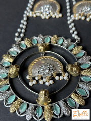 Dual Tone Mint Green Stone Big Pendent With Double Layer Pearl Chains And Earring Necklace