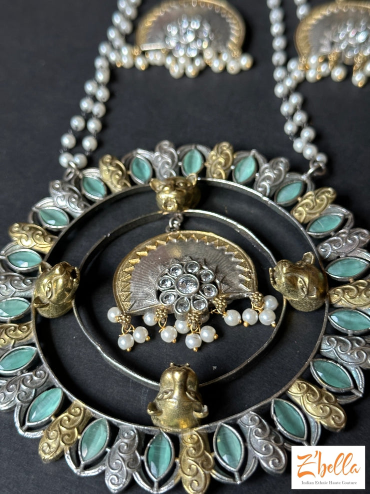 Dual Tone Mint Green Stone Big Pendent With Double Layer Pearl Chains And Earring Necklace