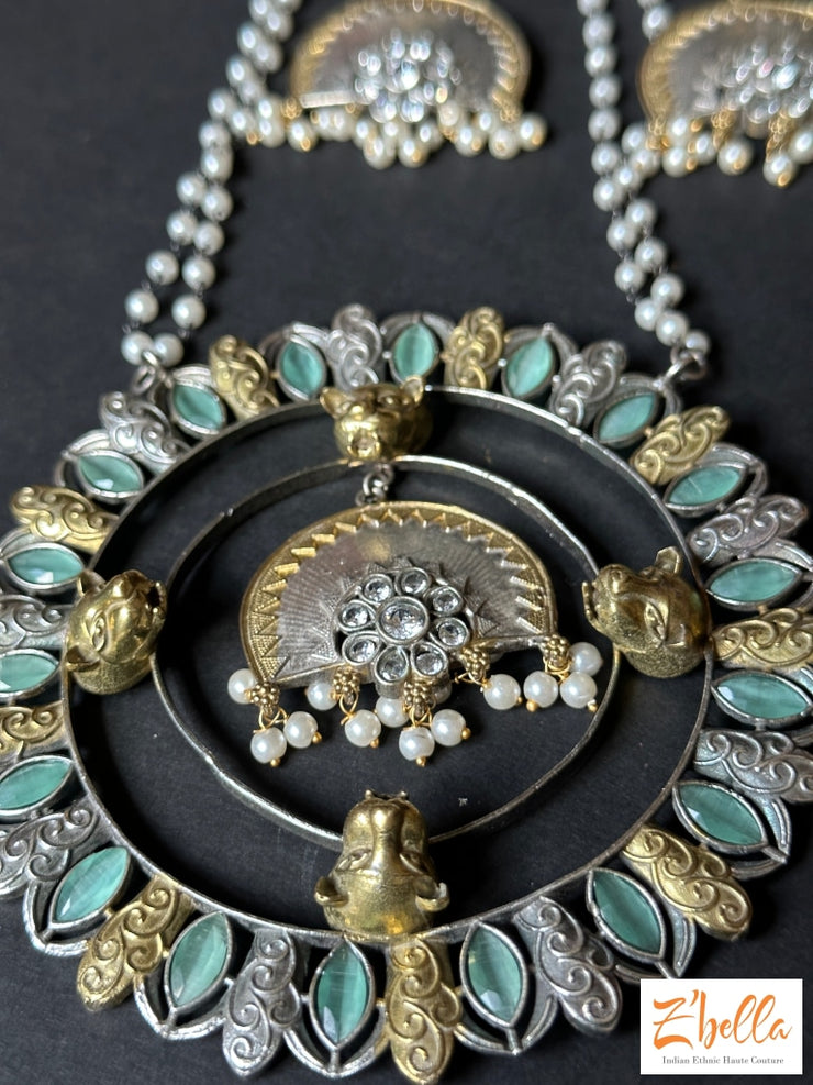 Dual Tone Mint Green Stone Big Pendent With Double Layer Pearl Chains And Earring Necklace