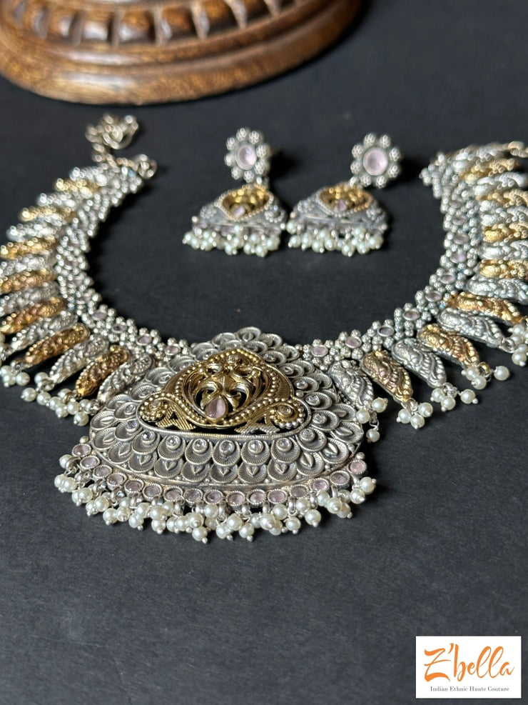 Dual Tone Necklace With Earring Necklace
