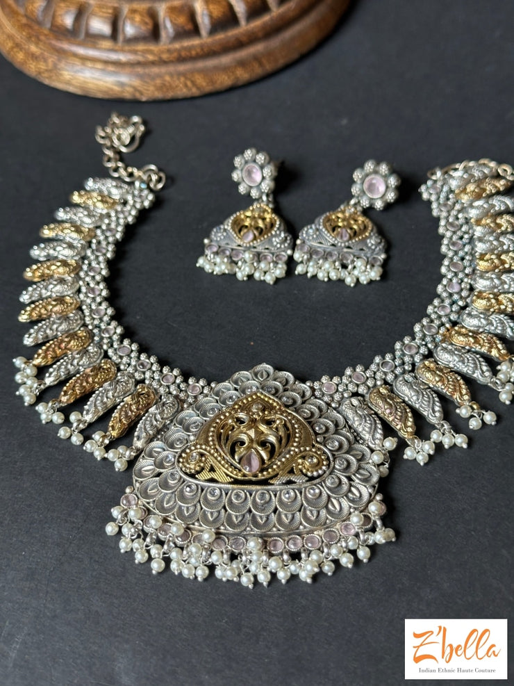 Dual Tone Necklace With Earring Necklace