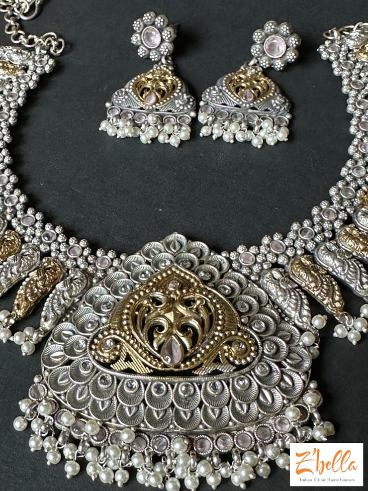 Dual Tone Necklace With Earring Necklace