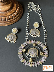 Dual Tone Pink Stone Big Pendent With Double Layer Pearl Chains And Earring Necklace