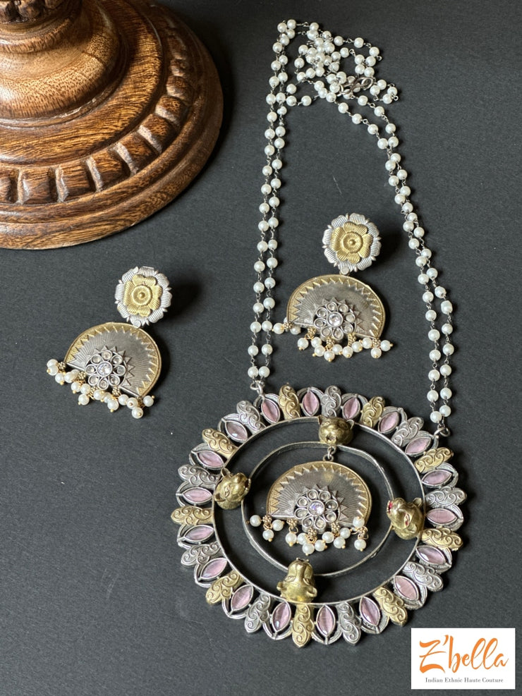 Dual Tone Pink Stone Big Pendent With Double Layer Pearl Chains And Earring Necklace