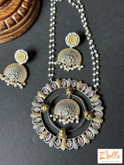 Dual Tone Pink Stone Big Pendent With Double Layer Pearl Chains And Earring Necklace
