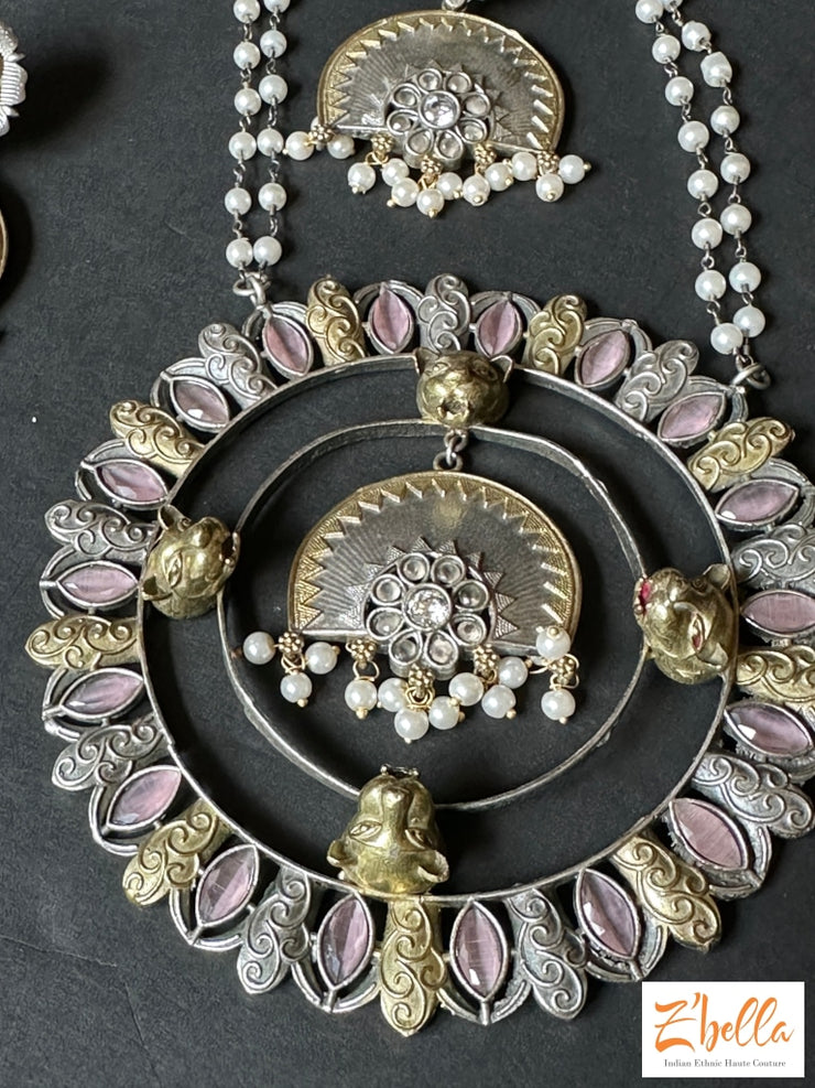 Dual Tone Pink Stone Big Pendent With Double Layer Pearl Chains And Earring Necklace