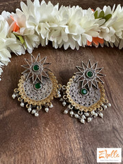 Dual Tone Small Chandbalis With Green Stone Earrings Silver Tone