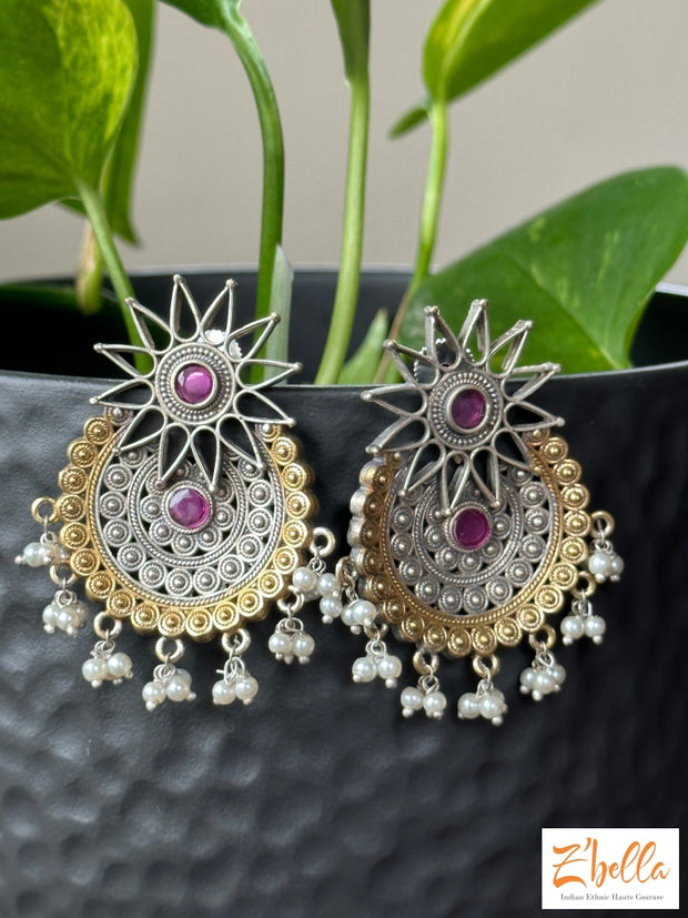 Dual Tone Small Chandbalis With Red Stone Earrings Silver Tone