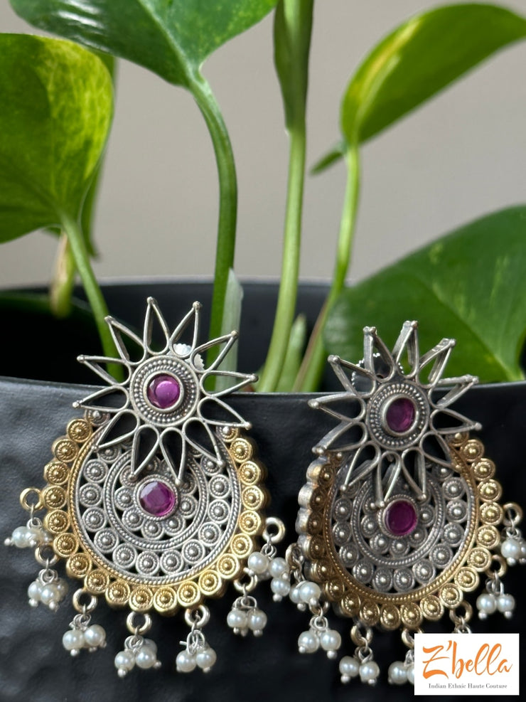Dual Tone Small Chandbalis With Red Stone Earrings Silver Tone