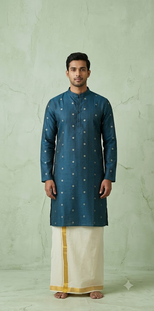 Peacock blue cotton silk long kurta