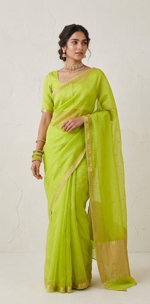Kora silk saree with small border and stitched blouse and under skirt