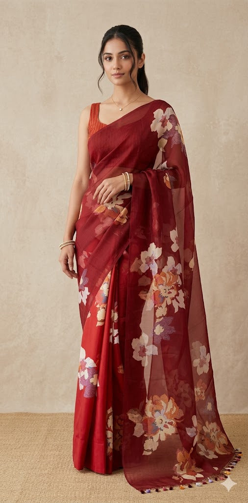 Dark Red printed organza silk saree with stitched blouse